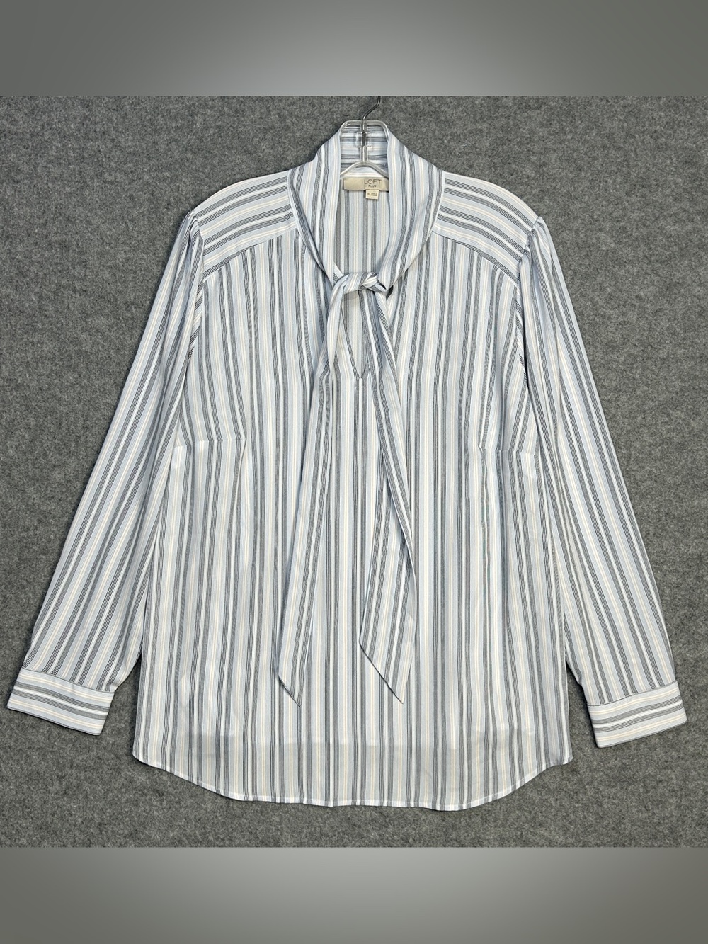 LOFT Plus SZ 16 Blue White Black Striped Tie-Neck Blouse Preppy Business Casual